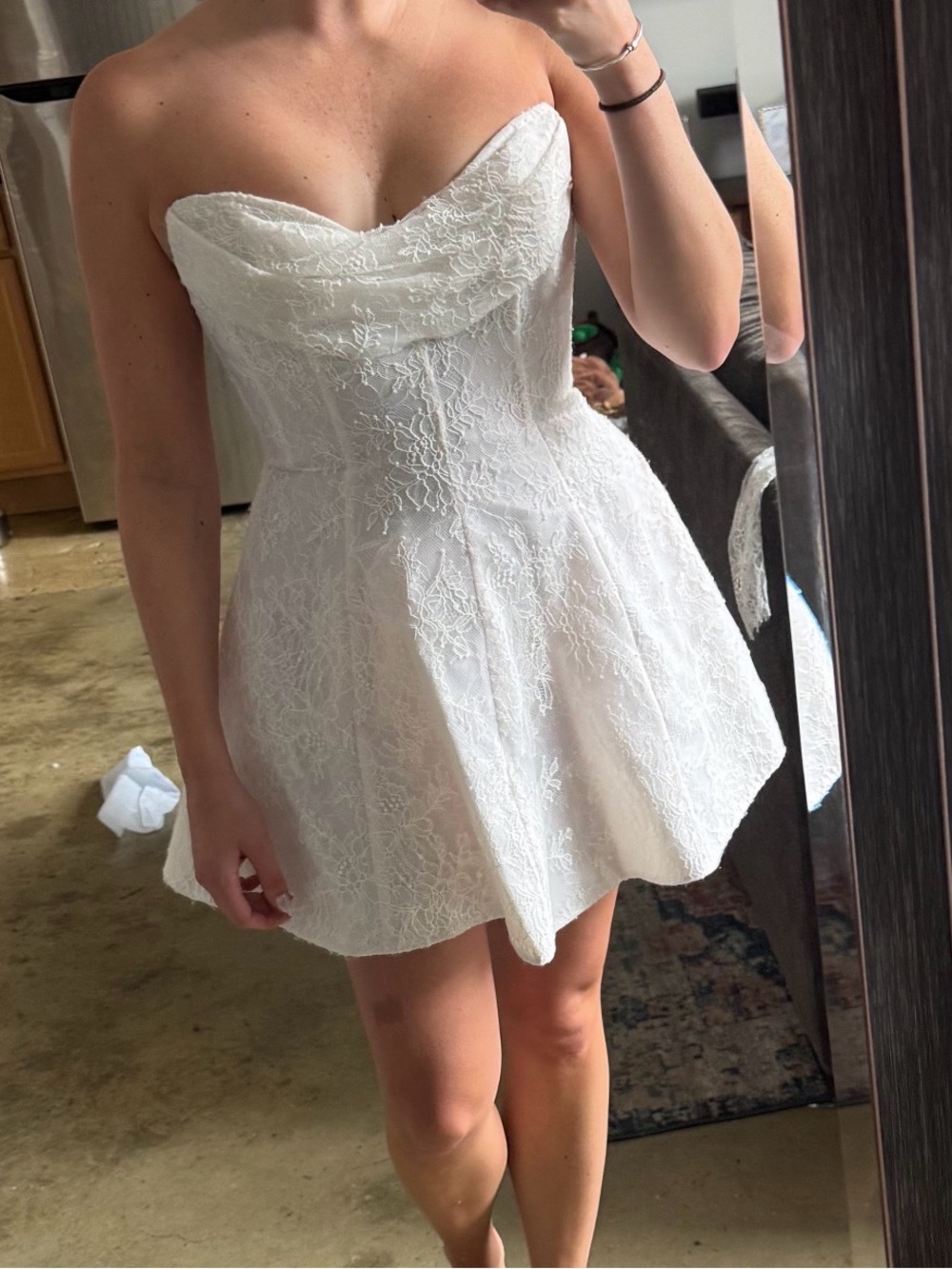 Jenny Yoo Strapless White Lace Fit & Flare Mini Dress